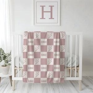 Name Blanket Custom Baby Shower Gift for Newborn Cool Gift for Baby Checkered Custom Name Blanket Petal Pink checkered Baby Blanket.