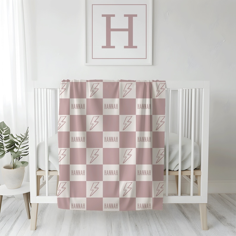 Name Blanket Custom Baby Shower Gift for Newborn Cool Gift for Baby Checkered Custom Name Blanket Petal Pink checkered Baby Blanket.