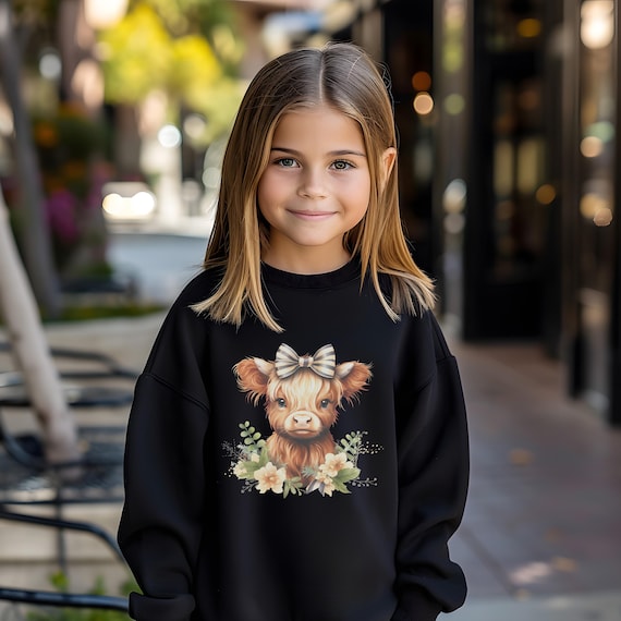 Kids Highland Cow Sweatshirt Youth Cow Shirt Girls Fall Shirt Cute Cow Fall Kids Crewneck Highland Cow with Bow Tween Girl Gift Cottagecore