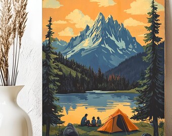 Vintage Camping Paint By Numbers Kit: Mountain Lake Scene