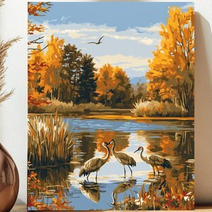 Kit de pintura por números de grulla canadiense de estilo vintage para adultos, kit de pintura DIY de pájaros en el lago, pintura acrílica fácil para principiantes, regalo de decoración del hogar