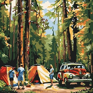 Camping verf op nummer vintage camping, boslandschap verf op nummer kunst, natuur verf op nummer acryl DIY kit, DIY schilderij voor volwassenen