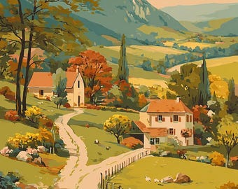 May include: A landscape painting depicting a winding dirt path leading through a green valley toward two houses with orange roofs. The scene features rolling hills, tall trees, and a wooden fence under a sky with soft clouds and distant mountains.