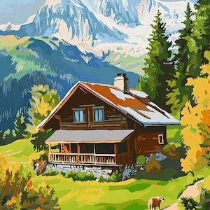 Puede incluir: Una cabaña de madera con un porche se encuentra en un valle verde con una montaña cubierta de nieve en el fondo. Una sola oveja camina por un sendero en primer plano.