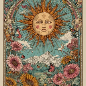 May include: A rectangular print featuring a central sun with a human face, surrounded by rays, butterflies, and various flowers. Below the sun are snow-capped mountains and a field of colorful blooms. The text 'the sun' appears at the bottom.