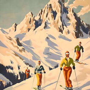 Vintage Skiing Scene Paint By Numbers Kit: Mountain Landscape DIY Painting
