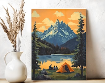 Kit de pintura por números de estilo vintage para acampar: Escena de lago de montaña.