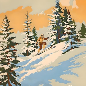 Vintage Skiers Paint By Numbers | Mountain Skiing Nature Scene Paint By Numbers | Vintage Mountain Snowy Landscape Adult DIY Painting Kit