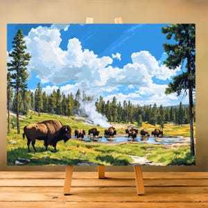 Bison bei Yellowstone Hot Springs Malen nach Zahlen Kit - Landschaftliche Landschaft Natur Malerei für Erwachsene und Jugendliche