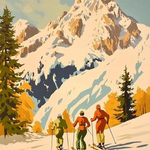 Kit de peinture à numéros de ski vintage : paysage de montagne enneigé