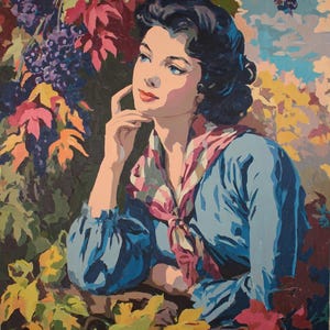 Könnte beinhalten: Eine Illustration im Malen-nach-Zahlen-Stil zeigt eine Person mit dunklem Haar, die ein blaues Langarmshirt und ein rosa-weiß gemustertes Halstuch trägt. Die Person ist umgeben von violetten Weintrauben und bunten Herbstblättern in Rot-, Orange- und Gelbtönen.