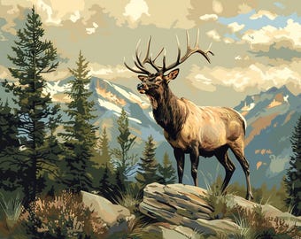 Vintage Elk Paint by Numbers Kit: DIY Forest Scene Wall Art