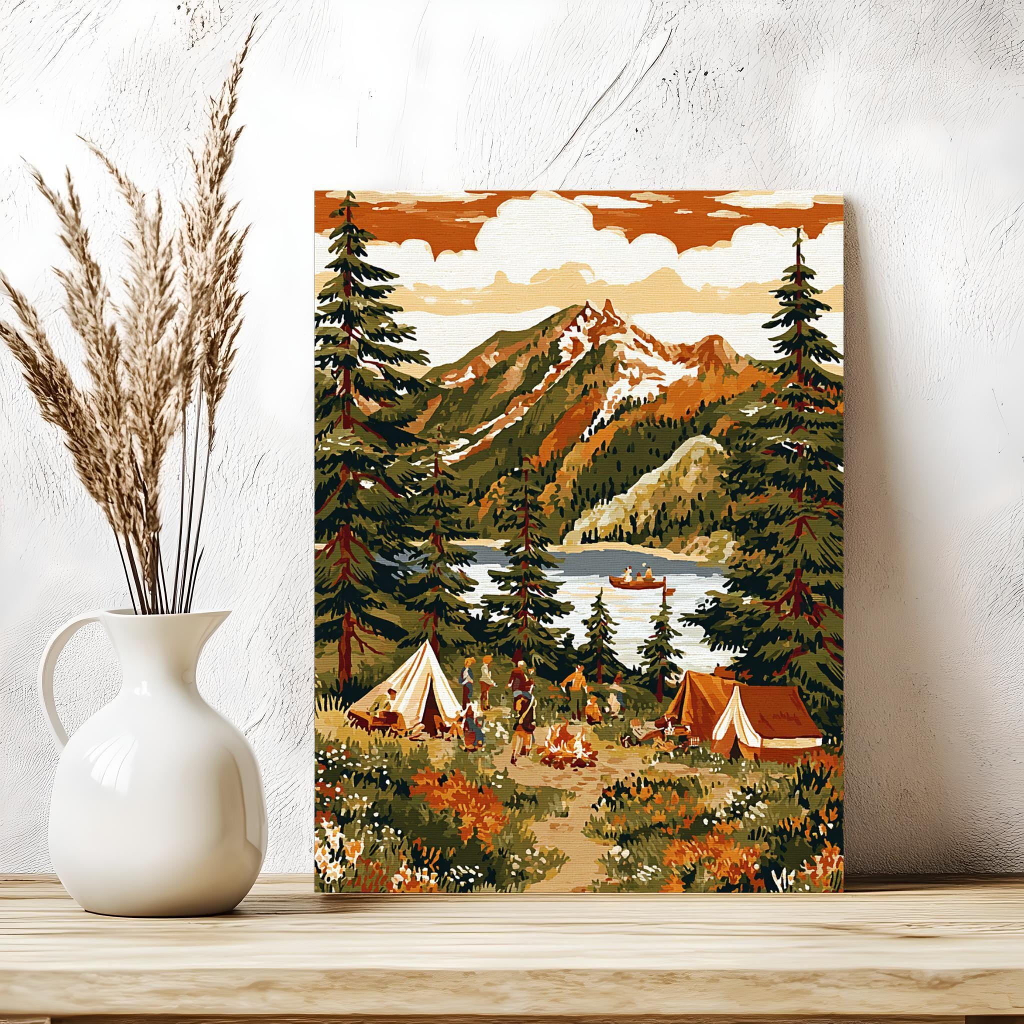 絵画　camp Vintage Camping Paint by Numbers Kit: National Park Lake Scene - Etsy