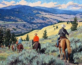 Könnte beinhalten: Ein Ölgemälde, das eine Gruppe von Reitern auf Pferden in einer hügeligen Landschaft zeigt. Die Reiter tragen Hüte und farbenfrohe Hemden und bewegen sich auf einem Pfad, der von Wermutsträuchern, Kiefern und fernen blauen Bergen umgeben ist.