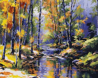 Vintage Forest Paint By Numbers Kit: DIY Acrylic River Landscape