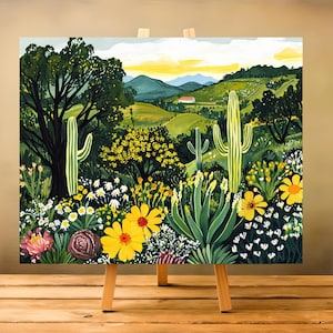 Texas Hill Country Dipingi con i numeri Austin retrò vintage, alberi di quercia viva, cactus, yucca, agave, decorazioni murali moderne di metà secolo, decorazioni fai da te