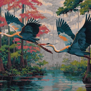 May include: A paint-by-number style illustration depicting two large birds with dark blue wings and orange necks in flight over a swampy waterway. The background features a dense forest with tall trees, green foliage, and vibrant red-leafed trees.