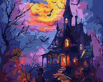 Halloween Paint by numbers Haunted Mansion,Night decor,DIY adult kit, Wall Art,Teen gift,Gifts for him,Gifts for her gift halloween DIY