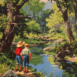 Op de afbeelding: Een schilderij op nummer van een landschap met twee figuren in een bos. De figuren, gekleed in een rood shirt en een lichtgroen shirt, staan bij een beek. De scène is gevuld met groene bomen en bladeren, met een blauwe lucht door de takken.