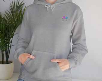 Logo Stickman con coppia di teste di stelle rosa e blu, maglione con cappuccio unisex con tasca a marsupio misto pesante con coulisse