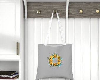 Grey springtime Daffodil wreath design, Tote Bag (AOP) Treat mum for mothers day with this or just as a gift present