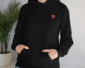 Rainbow Heart Minimalist Logo Unisex Heavy Blend Hooded Adult Sweater with Kangaroo Pocket and Drawstrings