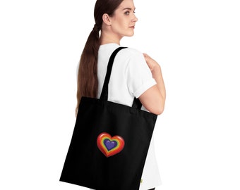 Black Tote Bag, Rainbow Love Heart Logo made with Organic Cotton and a great Sustainable gift/ present