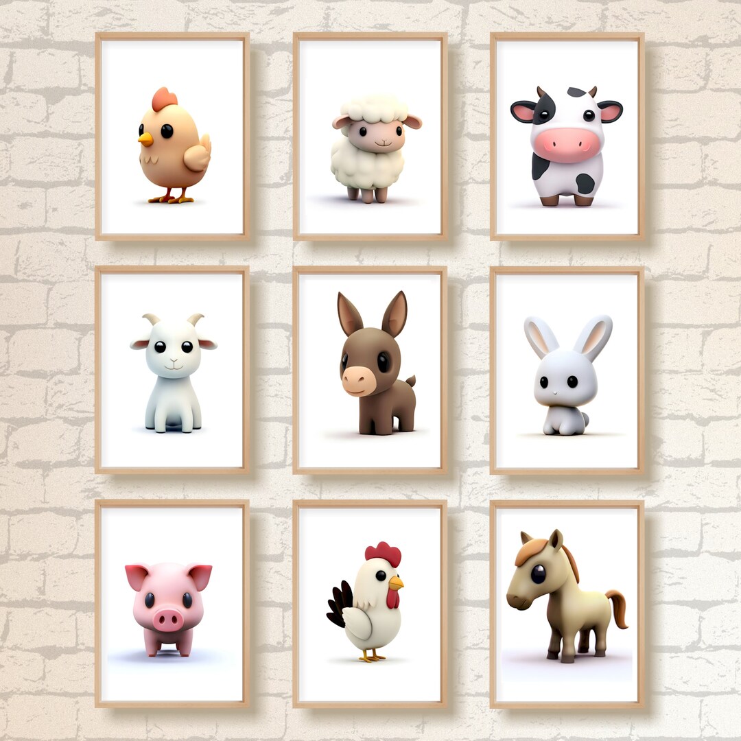 Set of 9 Cute Nursery Farm Animal Prints Kids Room Decor Baby Wall Art ...