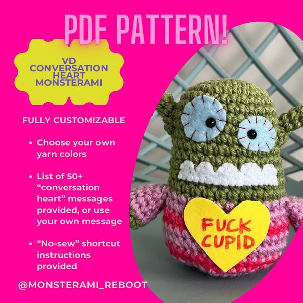 VD CONVERSATION HEART Monsterami Pattern, amigurumi monster, easy crochet pattern, crochet monster, easy amigurumi, Valentines, Galentines