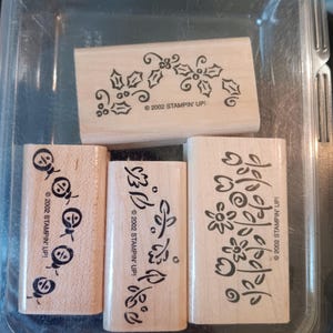May include: A collection of wooden stamps with various floral and decorative designs. The stamps include images of flowers, leaves, and other botanical elements. The text "©2002 STAMPIN' UP!" is printed on each stamp. The stamps are stored in a clear plastic container.