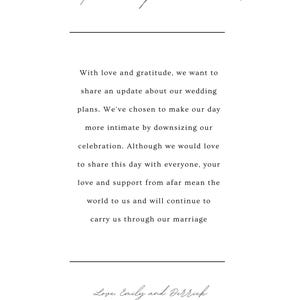 May include: A wedding announcement card with the text "new date new plan same love." The card also includes the text "With love and gratitude, we want to share an update about our wedding plans. We've chosen to make our day more intimate by downsizing our celebration. Although we would love to share this day with everyone, your love and support from afar mean the world to us and will continue to carry us through our marriage Love Emily and Derrick Est. 2025"
