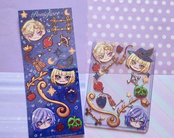 May include: A set of stickers featuring characters from the anime series "Ensemble Stars!" The stickers are on a clear background with a purple and white polka dot pattern. The stickers feature characters from the "Knights" unit, including a character with blonde hair and a crown, a character with blonde hair and a witch's hat, and a character with purple hair. The stickers also feature various other elements, such as stars, hearts, and a bow and arrow.