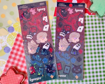 May include: Two sheets of holographic stickers featuring a character with blonde hair and a black cat. The stickers are on a red and white checked background. The text on the stickers reads "2024 Lyney" and "Lynnette".