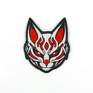 Kitsune Mask Embroidered Patch, Cool Japanese Cat Mask Iron-On/Sew-On Applique for Clothes