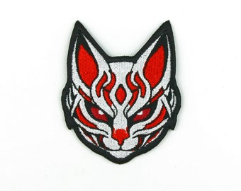 Kitsune Mask Embroidered Patch, Cool Japanese Cat Mask Iron-On/Sew-On Applique for Clothes