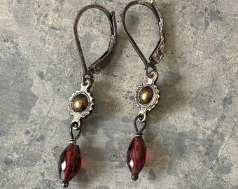 Garnet faceted cigars on vintage brass chain with tarnished sterling silver earrings