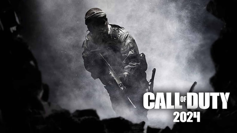 Puede incluir: Un soldado en una imagen en blanco y negro, sosteniendo un arma, con el texto "Call of Duty 2024" en letras blancas.