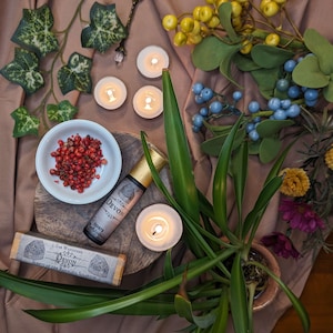 May include: A brown wooden tray with a clear glass bottle of essential oil with a gold cap and a label that reads "Devon - Forest - Hustle - Roll-on". The tray also has a small white bowl with red peppercorns, a small white candle, and a box with the text "Ear Wanderer - Devon - Scents of the Rambling Solarium".