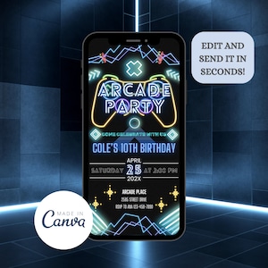 Digital Arcade Party Birthday Invitation | Neon Game Party | Glow Gaming Arcade Birthday Party | Neon Glow Party Instant Download | EDITABLE