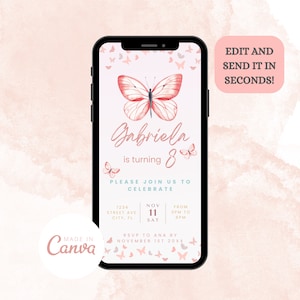 Digitale vlinder verjaardagsuitnodiging DIY | Elektronische uitnodiging | Canvassjabloon| Meisjes | Mobiele telefoon Sms Feest E-mail Sms Evite