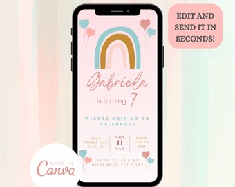 Digital Rainbow Birthday Party Invitation DIY | Electronic Invite | Canva Template| Girls Rainbow | Mobile Phone Text Party Email SMS Evite