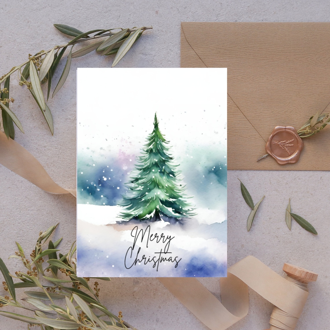 Christmas Card Digital Download Printable Watercolor Christmas Tree ...