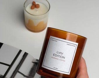 Lviv Candle Edition / aroma a café de la mañana, decoración del hogar hecha a mano, vela de cera de soja natural, decoración estética de la habitación, vela contenedora de aroma de la ciudad