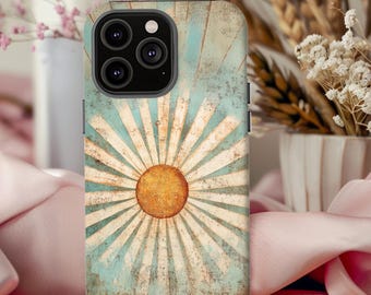 May include: A phone case with a vintage-style daisy design. The case has a blue and white background with a yellow sun in the center. The case is made of a durable material and is designed to protect your phone from scratches and bumps.