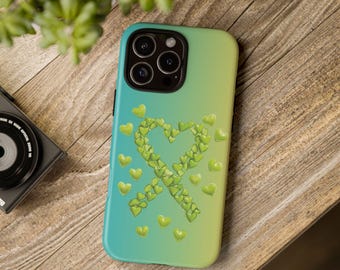 May include: A green and blue phone case with a heart-shaped design made of green hearts. The case has a gradient design with a light blue color at the top and a darker green color at the bottom.