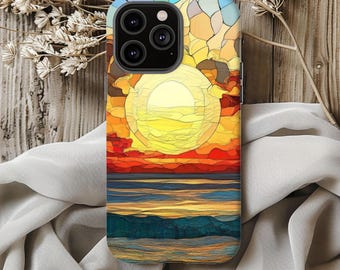 Funda para teléfono, carcasa resistente para teléfono, efecto vitral con puesta de sol en el océano, funda protectora para iPhone, funda exclusiva para Samsung Galaxy, funda para teléfono con océano
