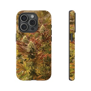 May include: A phone case with a close-up image of green marijuana plants with brown and yellow leaves.