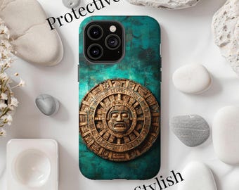 May include: A turquoise blue phone case with a gold Aztec calendar design. The case has a cutout for the phone's camera.