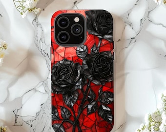 Custodia floreale, rose nere gotiche su vetro colorato rosso, cover protettive, design unico, guscio rigido, accessori per iPhone, custodia per telefono a forma di fiore