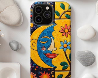 Sun and Moon Phone Case, Faux Tile Phone Case, Mexican Tile Phone Case, Celestial Phone Case, Iphone, Samsung, Flower Phone Case